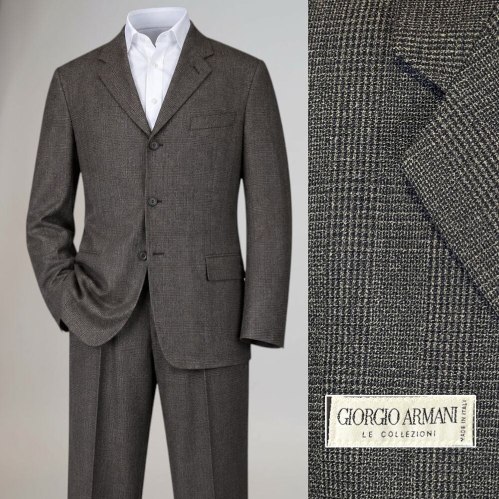 Vtg Giorgio Armani Virgin Wool 40-42R 32x29 Brown Plaid Suit Italy 3 Btn